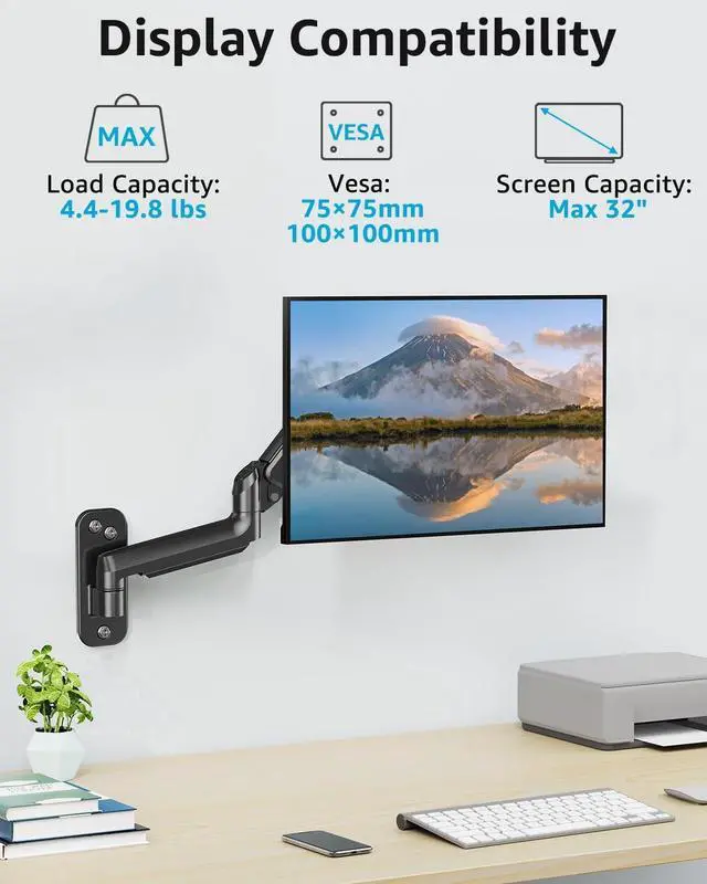 Alt view image 2 of 7 - MOUNTUP Single Monitor Wall Mount for Max 32 Inch Computer Screen, Fully Adjustable Gas Spring Monitor Arm, Wall Mount Monitors Holder Support 4.4-19.8lbs Display, VESA Bracket Fit 75x75mm, 100x100mm