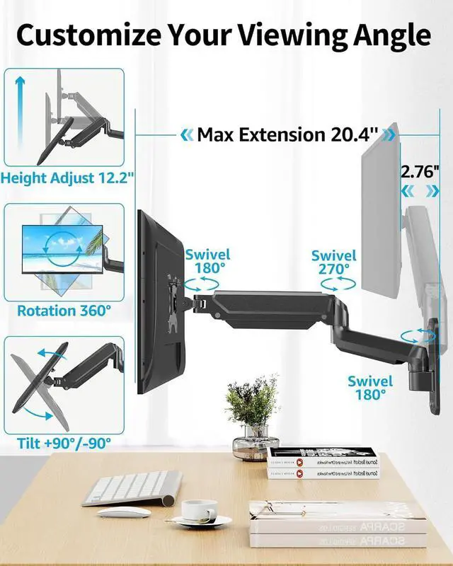 Alt view image 3 of 7 - MOUNTUP Single Monitor Wall Mount for Max 32 Inch Computer Screen, Fully Adjustable Gas Spring Monitor Arm, Wall Mount Monitors Holder Support 4.4-19.8lbs Display, VESA Bracket Fit 75x75mm, 100x100mm