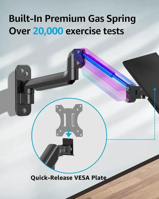 Alt view image 4 of 7 - MOUNTUP Single Monitor Wall Mount for Max 32 Inch Computer Screen, Fully Adjustable Gas Spring Monitor Arm, Wall Mount Monitors Holder Support 4.4-19.8lbs Display, VESA Bracket Fit 75x75mm, 100x100mm