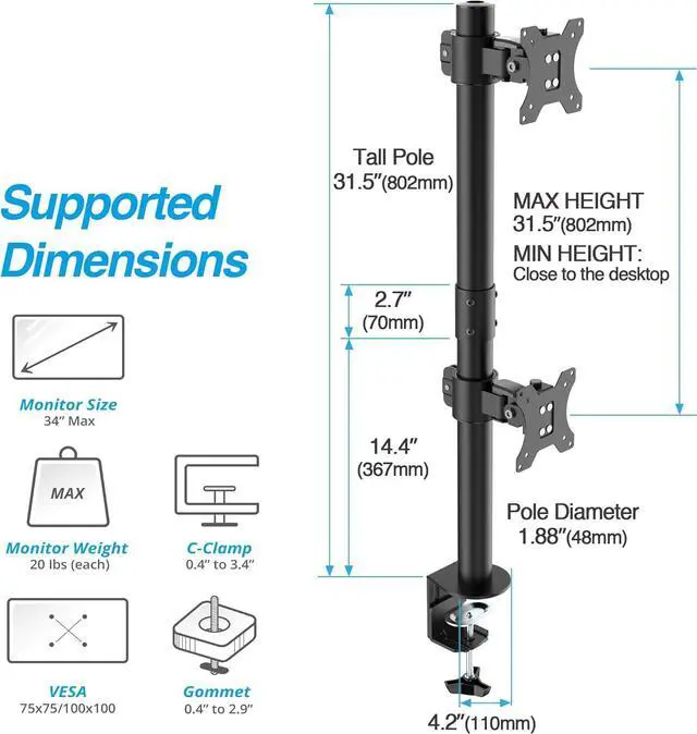 Alt view image 3 of 7 - AVLT 38" Vertical Ultrawide Monitor Mount Stand Two Stacked 26.5 lbs Screens on Heavy-Duty Pole Save Workspace with Fine-Tune Height Tilt Swivel Rotate Adjustment C-clamp and Grommet Mounting Base
