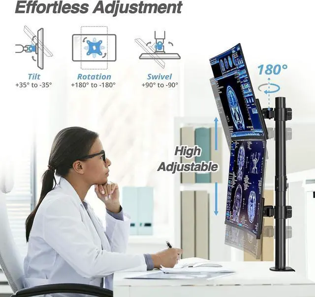 Alt view image 4 of 7 - AVLT 38" Vertical Ultrawide Monitor Mount Stand Two Stacked 26.5 lbs Screens on Heavy-Duty Pole Save Workspace with Fine-Tune Height Tilt Swivel Rotate Adjustment C-clamp and Grommet Mounting Base