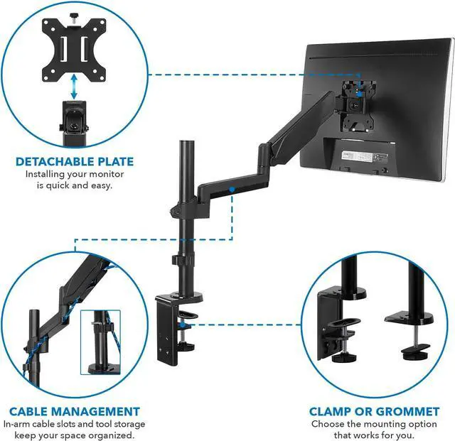 Alt view image 4 of 7 - Mount-It! Single Monitor Arm Mount | Desk Stand | Full Motion Height Adjustable Articulating Gas Spring Arm | Fits 19 21 24 27 29 30 32 Inch VESA Compatible Computer Screen | C-Clamp and Grommet Base