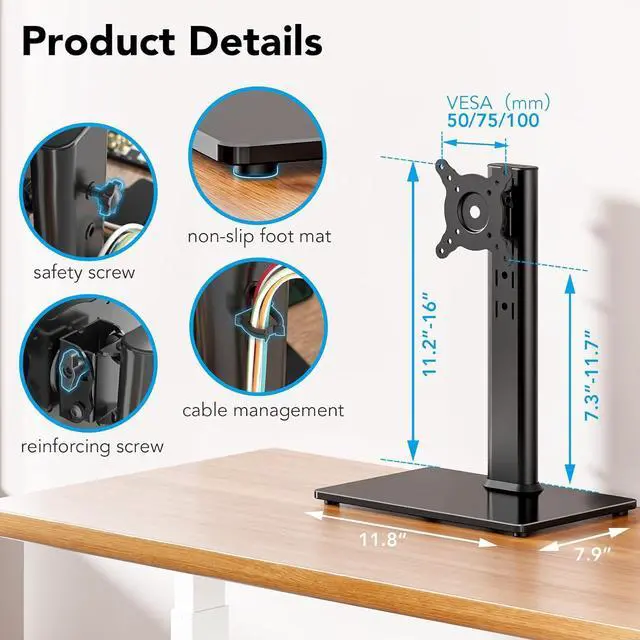 Alt view image 7 of 7 - Single Monitor Desk Stand Free-Standing Desk Mount Arm Riser for 13 inch to 32 inch Screen Freestanding VESA Mount Base, Adjustable Height, Tilt, Swivel, Rotation, Black AX05TB01