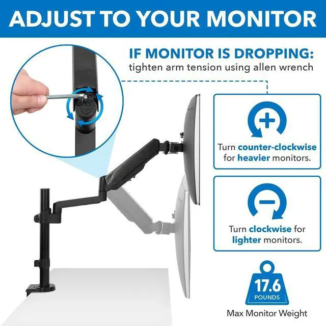 Alt view image 7 of 7 - Mount-It! Single Monitor Arm Mount | Desk Stand | Full Motion Height Adjustable Articulating Gas Spring Arm | Fits 19 21 24 27 29 30 32 Inch VESA Compatible Computer Screen | C-Clamp and Grommet Base