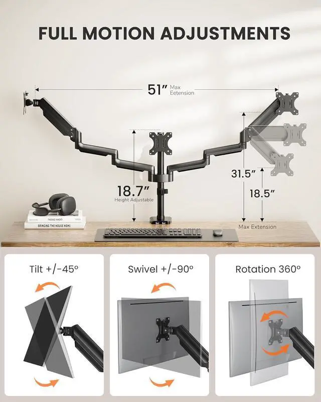 Alt view image 3 of 7 - ErGear Triple Monitor Mount for 13-27 inch Screens, Gas Springcore Triple Monitor Arms with USB, Heavy Duty Three Monitors Stand with Tilt, Swivel, Rotation, Holds Up to 17.6 lbs Each Arm