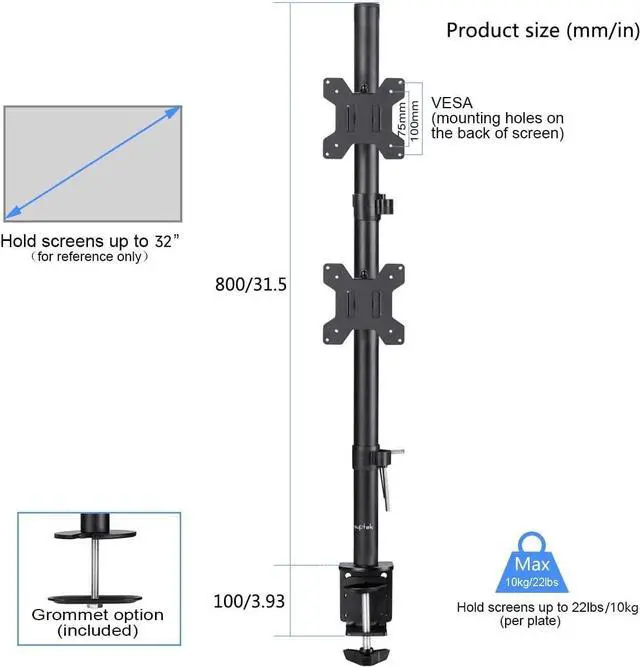 Alt view image 2 of 7 - Suptek Dual LED LCD Monitor Stand up Desk Mount for 2 / Two Screens up to 32 inch Extra Tall 31.5" Pole Heavy Duty Fully Adjustable Stand Vertical Array (MD6802)