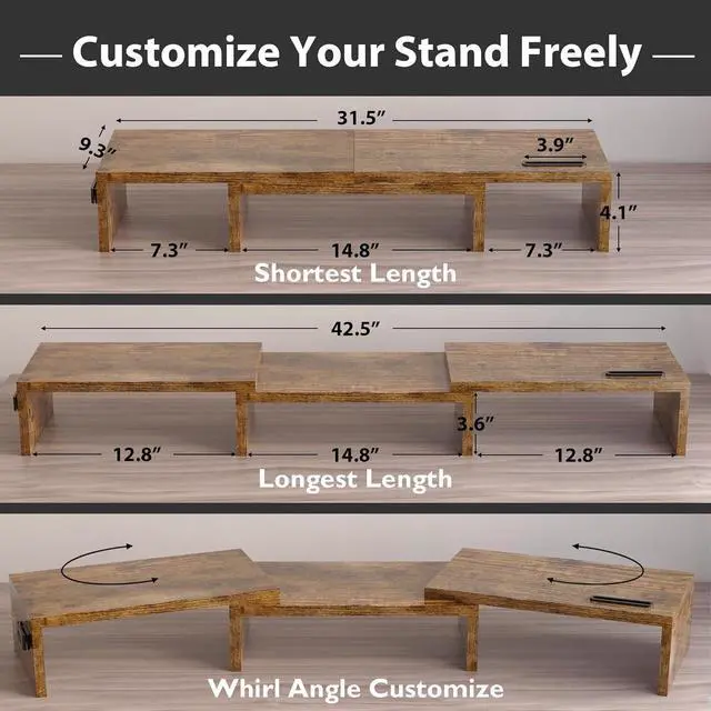 Alt view image 3 of 7 - BONTEC Dual Monitor Stand Riser with Smartphone Holder, Adjustable Length & Swivel Angle, Ergonomic Wooden Desktop Organizer for PC Monitor, Laptop, Printer, Large Storage, Rustic Brown