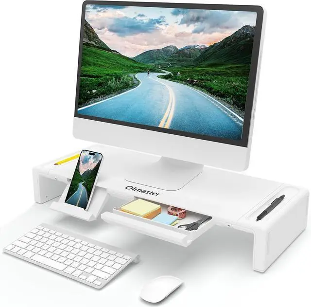Main image of OImaster Monitor Stand Riser, Foldable Computer Monitor Riser, Adjustable Length Computer Stand and Storage Drawer & Pen Slot, Phone Stand Compatible Computer, Desktop, Laptop, Save Space (White)