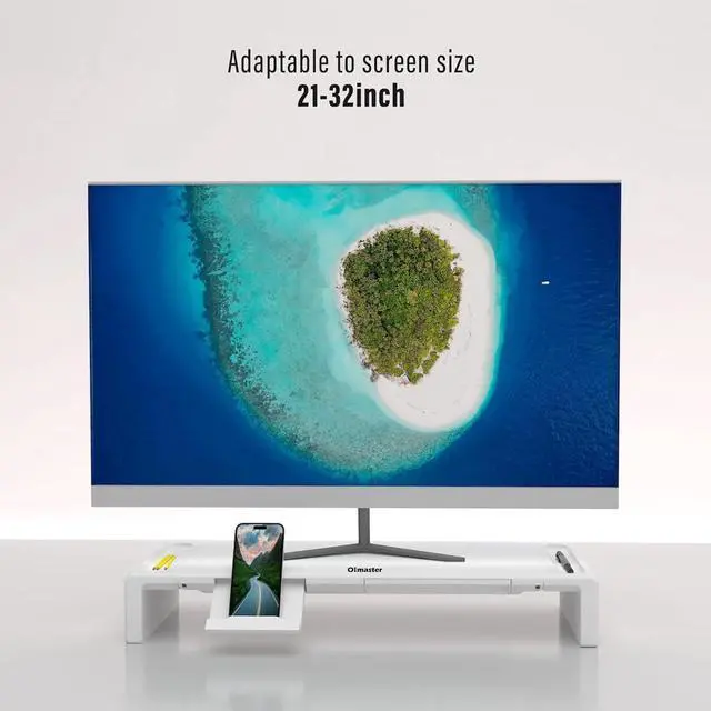 Alt view image 2 of 6 - OImaster Monitor Stand Riser, Foldable Computer Monitor Riser, Adjustable Length Computer Stand and Storage Drawer & Pen Slot, Phone Stand Compatible Computer, Desktop, Laptop, Save Space (White)
