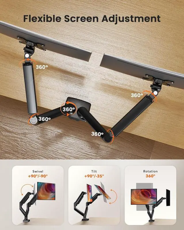 Alt view image 4 of 7 - ErGear Dual Monitor Stand up to 32 inches Screen, Load-Bearing Max 22 lbs Each Arm, Adjustable Dual Monitor Mount, Sturdy Steel vesa Monitor Mount with Stable VESA 75x75 100x100mm