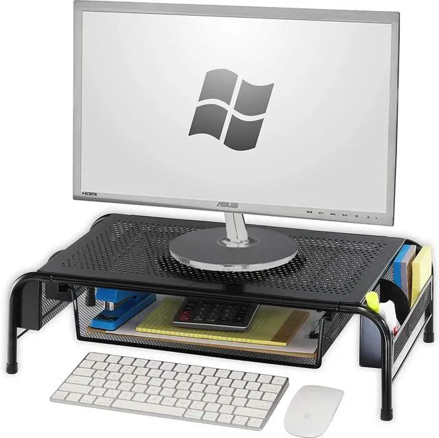 Main image of Simple Houseware Metal Desk Monitor Stand Riser with Organizer Drawer, Black
