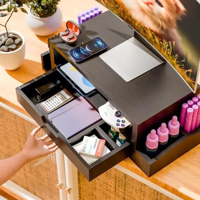 Alt view image 2 of 7 - Simple Trending Monitor Stand Riser and Computer Wood Desk Organizer with Drawer and Pen Holder for Laptop, Computer, iMac, Black