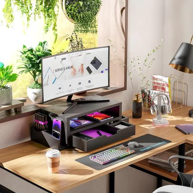 Alt view image 3 of 7 - Simple Trending Monitor Stand Riser and Computer Wood Desk Organizer with Drawer and Pen Holder for Laptop, Computer, iMac, Black