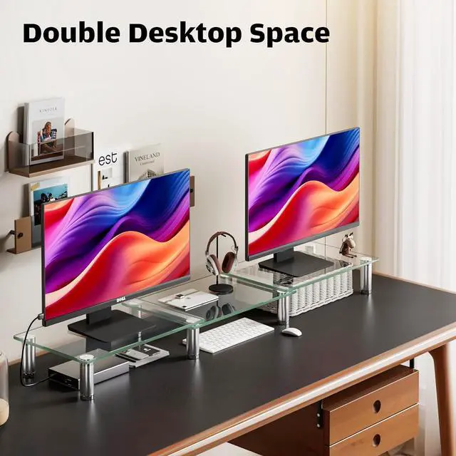 Alt view image 2 of 7 - Hemudu Dual Monitor Stand -Adjustable Length and Angle Dual Monitor Riser, Desktop Organizer for PC, Computer, Laptop (Clear)