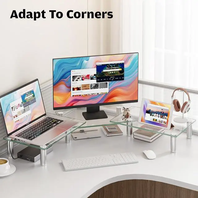 Alt view image 4 of 7 - Hemudu Dual Monitor Stand -Adjustable Length and Angle Dual Monitor Riser, Desktop Organizer for PC, Computer, Laptop (Clear)
