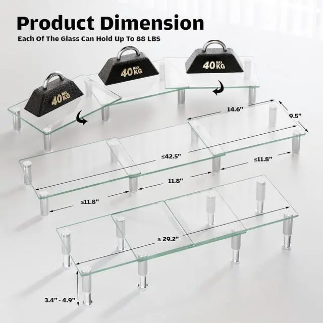 Alt view image 7 of 7 - Hemudu Dual Monitor Stand -Adjustable Length and Angle Dual Monitor Riser, Desktop Organizer for PC, Computer, Laptop (Clear)