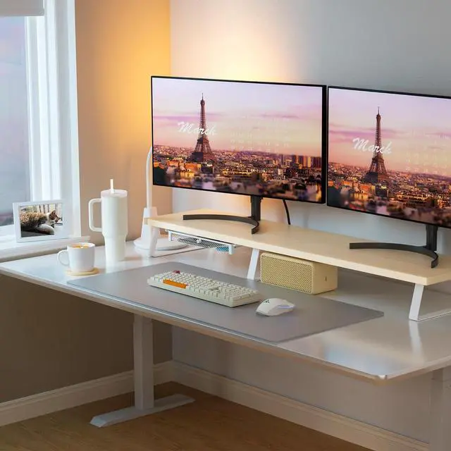 Alt view image 6 of 7 - Aothia Dual Monitor Stand Riser - Monitor Stand with Drawer,Monitor Stand For 2 Monitors, Desk Shelf For Monitor with Metal Legs, Wood Monitor Stand with Storage Organize For Pc,Laptop,Screen (Oak)