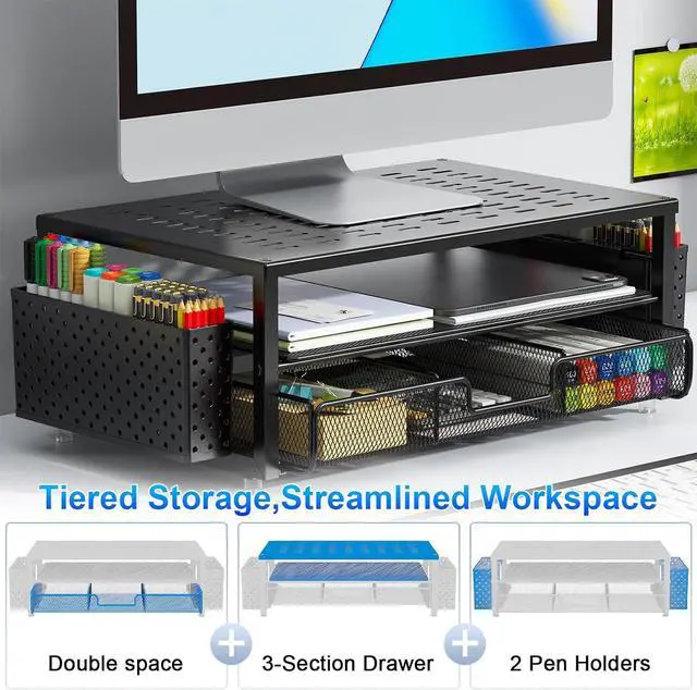 Alt view image 3 of 7 - gianotter Desk Organizers and Accessories, Monitor Stand with Drawer and 2 Pen Holder, Desktop Organizer Suitable for Offices and Dormitories (Black)