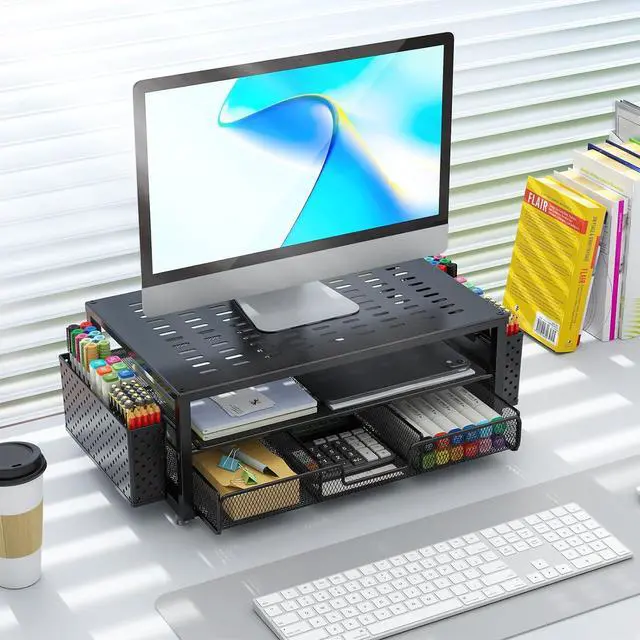 Alt view image 7 of 7 - gianotter Desk Organizers and Accessories, Monitor Stand with Drawer and 2 Pen Holder, Desktop Organizer Suitable for Offices and Dormitories (Black)