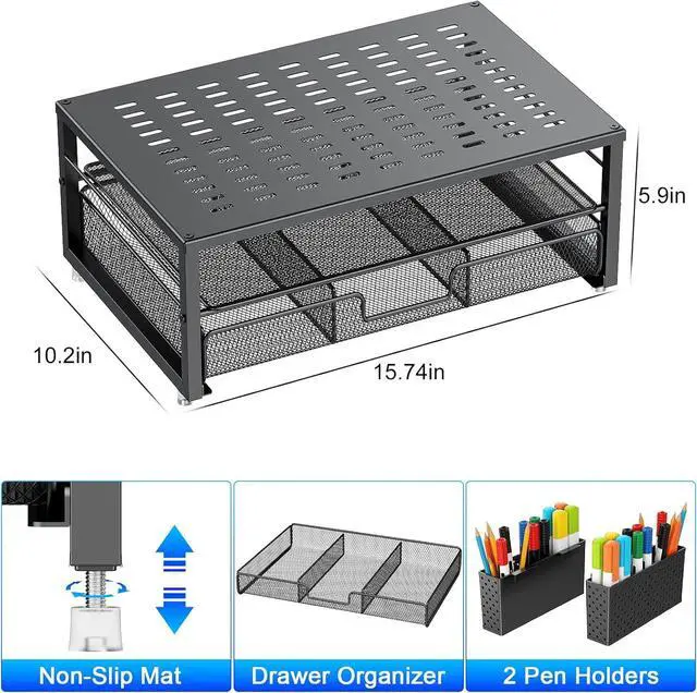 Alt view image 6 of 7 - gianotter Desk Organizers and Accessories, Monitor Stand with Drawer and 2 Pen Holder, Desktop Organizer Suitable for Offices and Dormitories (Black)
