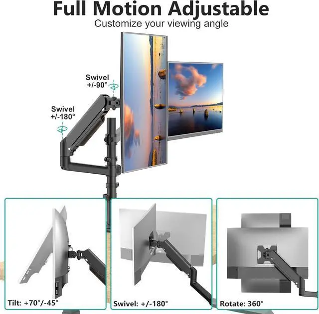 Alt view image 2 of 7 - WALI Dual Monitor Mount, 13-32 Inch Adjustable Spring Dual Monitor Arm for Desk Holds Max 19.8 lbs Screens, Swivel Vesa Bracket with C Clamp, Grommet Mounting, Monitor Arms for 2 Monitors (GSDM002)