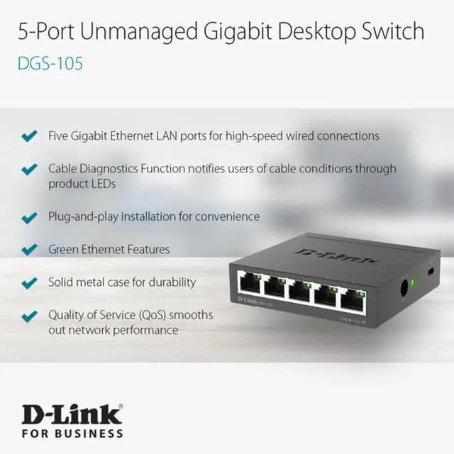 Alt view image 3 of 7 - D-Link Ethernet Switch, 5 Port Gigabit Unmanaged Metal Desktop Plug and Play Compact (DGS-105),Black