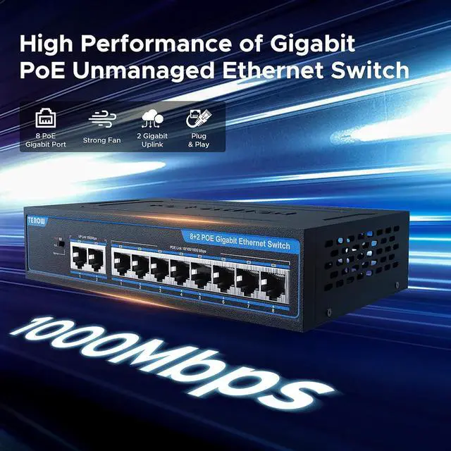 Alt view image 2 of 7 - 8-Port PoE Gigabit Switch with 2 Gigabit Uplink, 8 PoE+Port 1000Mbps, 96W, 802.3af/at Vlan, Metal fanless Design, Plug-and-Play, Desktop and HomeEthernet Splitter, Elegant Black Blue