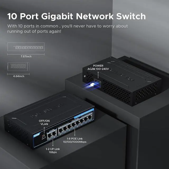Alt view image 3 of 7 - 8-Port PoE Gigabit Switch with 2 Gigabit Uplink, 8 PoE+Port 1000Mbps, 96W, 802.3af/at Vlan, Metal fanless Design, Plug-and-Play, Desktop and HomeEthernet Splitter, Elegant Black Blue
