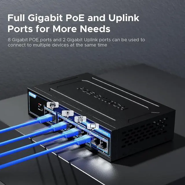 Alt view image 5 of 7 - 8-Port PoE Gigabit Switch with 2 Gigabit Uplink, 8 PoE+Port 1000Mbps, 96W, 802.3af/at Vlan, Metal fanless Design, Plug-and-Play, Desktop and HomeEthernet Splitter, Elegant Black Blue