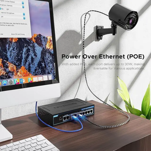 Alt view image 6 of 7 - 8-Port PoE Gigabit Switch with 2 Gigabit Uplink, 8 PoE+Port 1000Mbps, 96W, 802.3af/at Vlan, Metal fanless Design, Plug-and-Play, Desktop and HomeEthernet Splitter, Elegant Black Blue