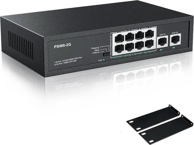 Main image of 8 Port Full Gigabit PoE+ Switch with Rack Mount Ears, with 2 Gigabit Uplink Ports Up to 30W Per Port, Total Budget 120W, 48 Volt 802.3af/at Compliant, Compatible with PoE IP Cameras VOIP Phones