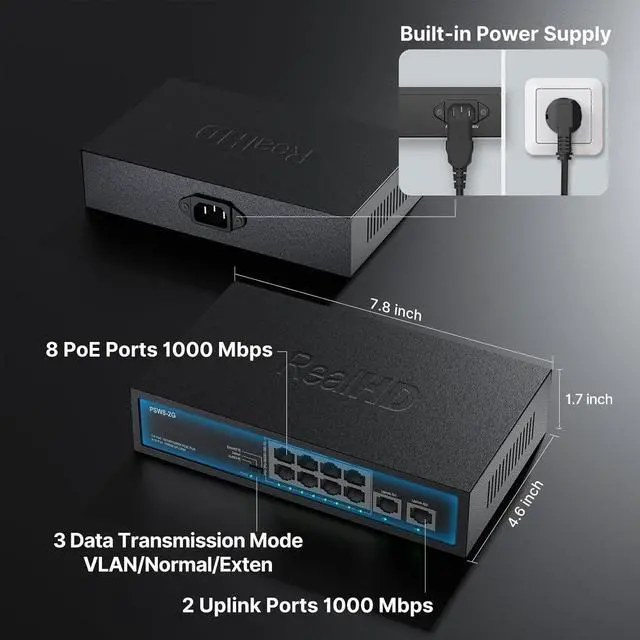 Alt view image 2 of 7 - 8 Port Full Gigabit PoE+ Switch with Rack Mount Ears, with 2 Gigabit Uplink Ports Up to 30W Per Port, Total Budget 120W, 48 Volt 802.3af/at Compliant, Compatible with PoE IP Cameras VOIP Phones