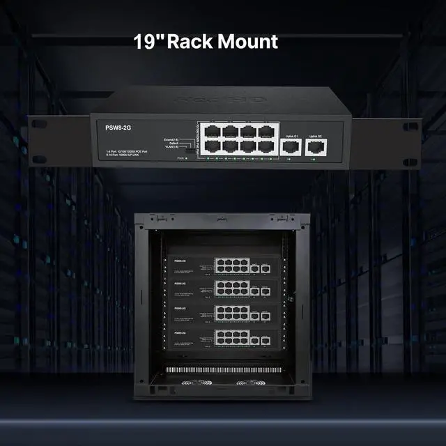 Alt view image 7 of 7 - 8 Port Full Gigabit PoE+ Switch with Rack Mount Ears, with 2 Gigabit Uplink Ports Up to 30W Per Port, Total Budget 120W, 48 Volt 802.3af/at Compliant, Compatible with PoE IP Cameras VOIP Phones