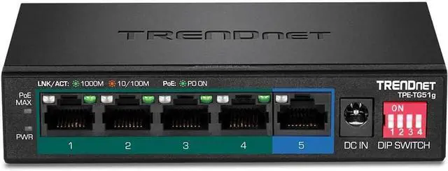 Alt view image 2 of 3 - TRENDnet 5-Port Gigabit PoE+ Switch, Camera DIP Switch extends PoE+ 200m (656 ft.), 60W PoE Budget,Lifetime Protection, Black, TPE-TG51g