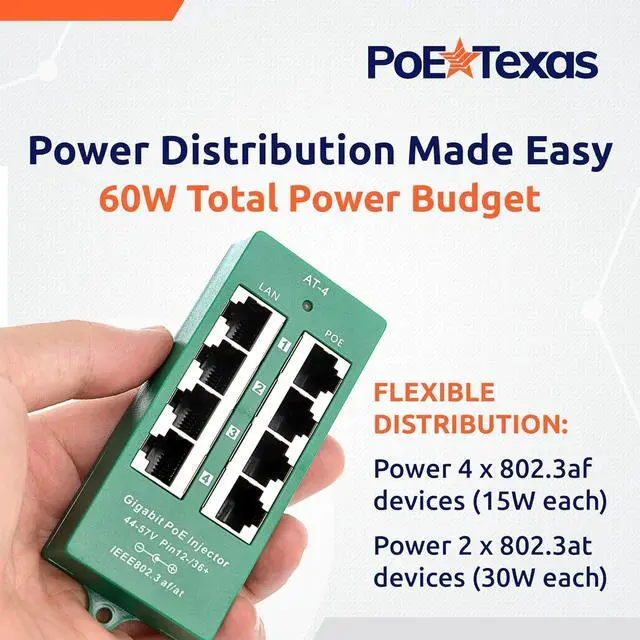 Alt view image 2 of 7 - PoE Texas 4 Port PoE Active Mode A Injector with 48V 60W Power Supply - Add PoE+ to Any Switch or Router - 802.3at/af Compliant PoE Midspan for WiFi Access Points, IP Cameras, VoIP Phones