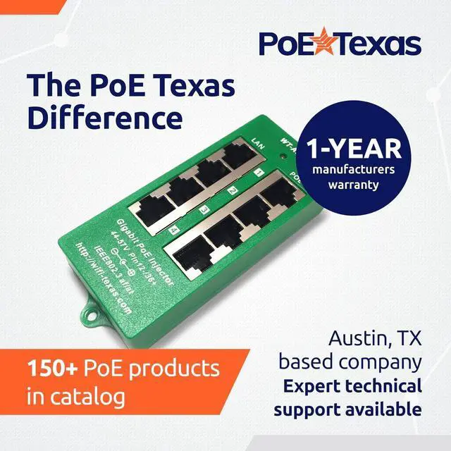 Alt view image 7 of 7 - PoE Texas 4 Port PoE Active Mode A Injector with 48V 60W Power Supply - Add PoE+ to Any Switch or Router - 802.3at/af Compliant PoE Midspan for WiFi Access Points, IP Cameras, VoIP Phones