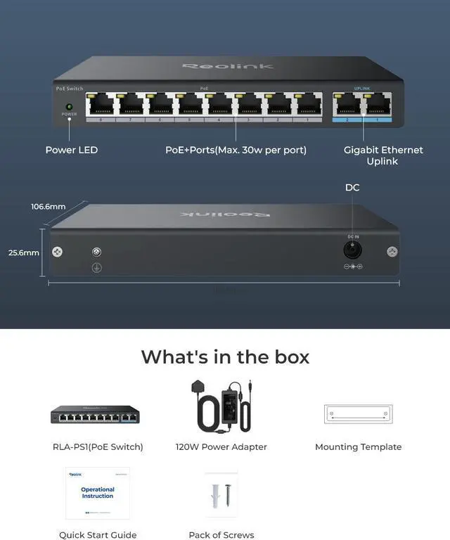 Alt view image 2 of 7 - PoE Switch with 8 PoE and 2 Gigabit Uplink Ports, Ideal for  RLN36 NVR and Power Over Ethernet IP Cameras, IEEE802.3af/at, Metal Casing, Desktop/Wall Mount, RLA-PS1