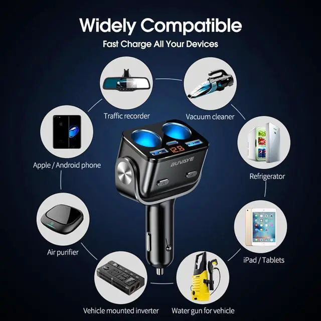 Alt view image 4 of 7 - Car Cigarette Lighter Splitter, BUVAYE 12V/24V Dual Cigarette Lighter Adapters for Cars 2-Socket Car Charger Adapter for iPhone/iPad/GPS/Dash Cam/Laptop