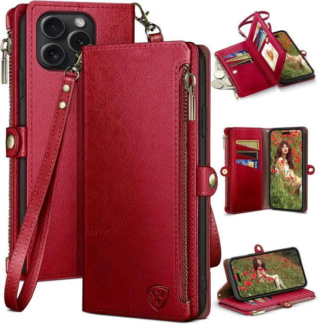Main image of compatible with iPhone 14 Pro Max 6.7 Wallet case with Zipper Credit Card HolderRFID Blocking Flip Folio Book PU Leather Phone case Shockproof Cover Men Women for  14 Pro Max case Red