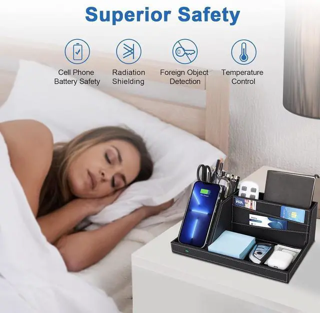 Alt view image 5 of 7 - TopMade Wireless Charger Desk Nightstand Organizer, Leather Pen Holder Office Supplies Desk Accessories Fast Charging Station, Remote Control Holder, for iPhone Charger Stand Gifts for Men (Black)