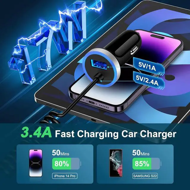 Alt view image 3 of 7 - Samsung S25 Ultra Car Charger,USB Car Charger for Samsung Galaxy S25 A55 A16 5G S24 Ultra A35 S24 FE A15 A54 A14 A52 A25,3.4A Car Adapter Plug + 3FT USB C Cable for Google Pixel 9 Pro XL/Fold 8 Pro 7