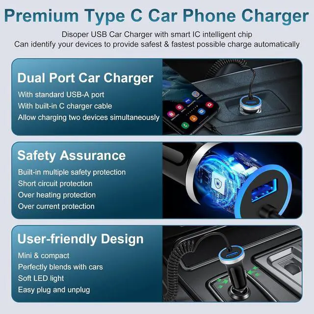 Alt view image 4 of 7 - Samsung S25 Ultra Car Charger,USB Car Charger for Samsung Galaxy S25 A55 A16 5G S24 Ultra A35 S24 FE A15 A54 A14 A52 A25,3.4A Car Adapter Plug + 3FT USB C Cable for Google Pixel 9 Pro XL/Fold 8 Pro 7