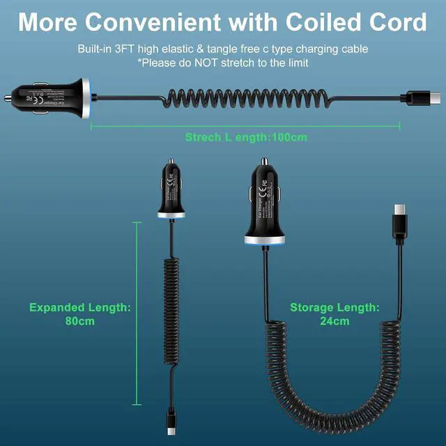 Alt view image 5 of 7 - Samsung S25 Ultra Car Charger,USB Car Charger for Samsung Galaxy S25 A55 A16 5G S24 Ultra A35 S24 FE A15 A54 A14 A52 A25,3.4A Car Adapter Plug + 3FT USB C Cable for Google Pixel 9 Pro XL/Fold 8 Pro 7