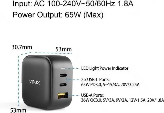 Alt view image 5 of 7 - MINIX 66W Turbo 3-Port GaN Wall Charger 2 x USB-C Fast Charging Adapter, 1 x USB-A Quick Charge 3.0, Compatible with MacBook Pro Air, iPad Pro, iPhone 16/15/13/12/11, Galaxy S9 S8 and More (NEO P1)