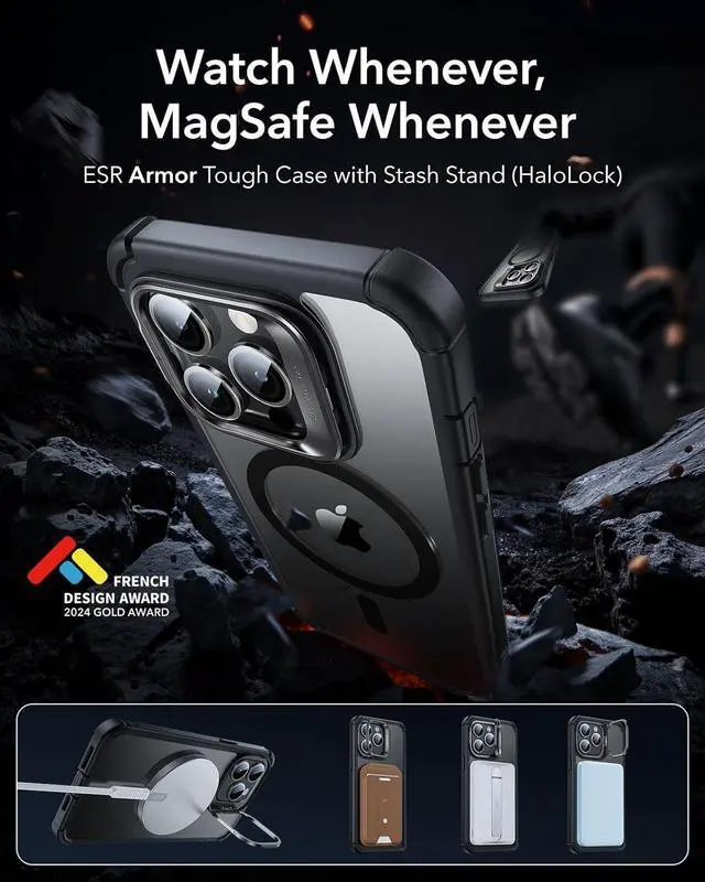 Alt view image 3 of 7 - ESR for iPhone 14 Pro Max Case with Stand, Compatible with MagSafe, Full-Body Military-Grade Drop Proof Case with Built-in 9H+ Tempered Glass Screen Protector, Armor Series, Clear Black