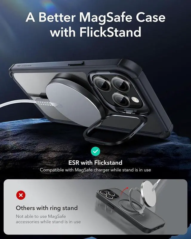 Alt view image 4 of 7 - ESR for iPhone 14 Pro Max Case with Stand, Compatible with MagSafe, Full-Body Military-Grade Drop Proof Case with Built-in 9H+ Tempered Glass Screen Protector, Armor Series, Clear Black