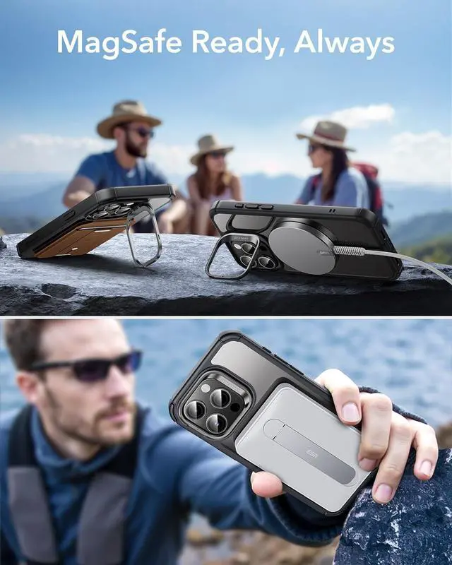 Alt view image 5 of 7 - ESR for iPhone 14 Pro Max Case with Stand, Compatible with MagSafe, Full-Body Military-Grade Drop Proof Case with Built-in 9H+ Tempered Glass Screen Protector, Armor Series, Clear Black