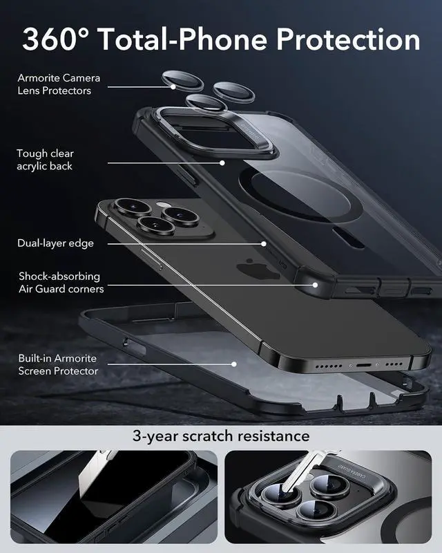 Alt view image 6 of 7 - ESR for iPhone 14 Pro Max Case with Stand, Compatible with MagSafe, Full-Body Military-Grade Drop Proof Case with Built-in 9H+ Tempered Glass Screen Protector, Armor Series, Clear Black
