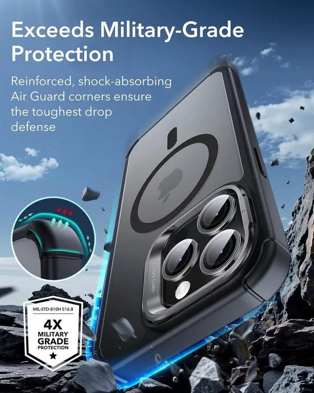 Alt view image 7 of 7 - ESR for iPhone 14 Pro Max Case with Stand, Compatible with MagSafe, Full-Body Military-Grade Drop Proof Case with Built-in 9H+ Tempered Glass Screen Protector, Armor Series, Clear Black