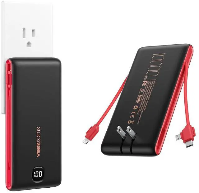 Main image of VEEKTOMX Portable Charger with Built in Cables 10000mAh, Power Bank for iPhone with AC Wall Plug, Fast Charging USB C Slim Battery Pack with LED Display Compatible with iPhone16/15/14/13, Samsung